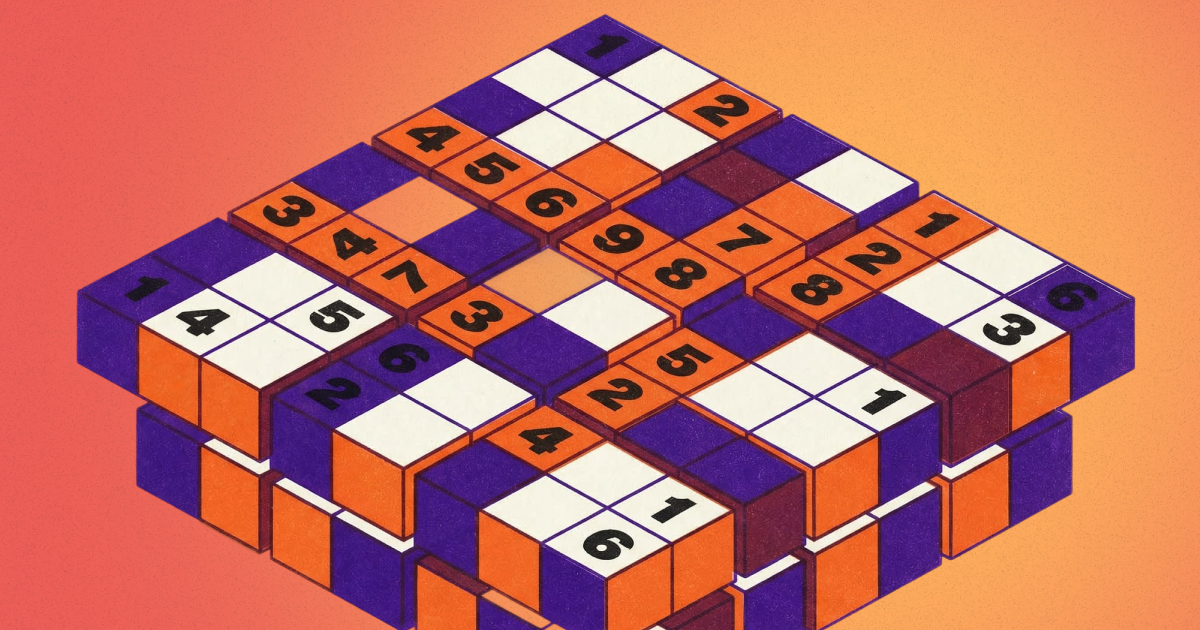 Isometric illustration of a 3D number grid puzzle built from stacked orange and purple blocks, with bold numerals on each face, set against a warm gradient background.