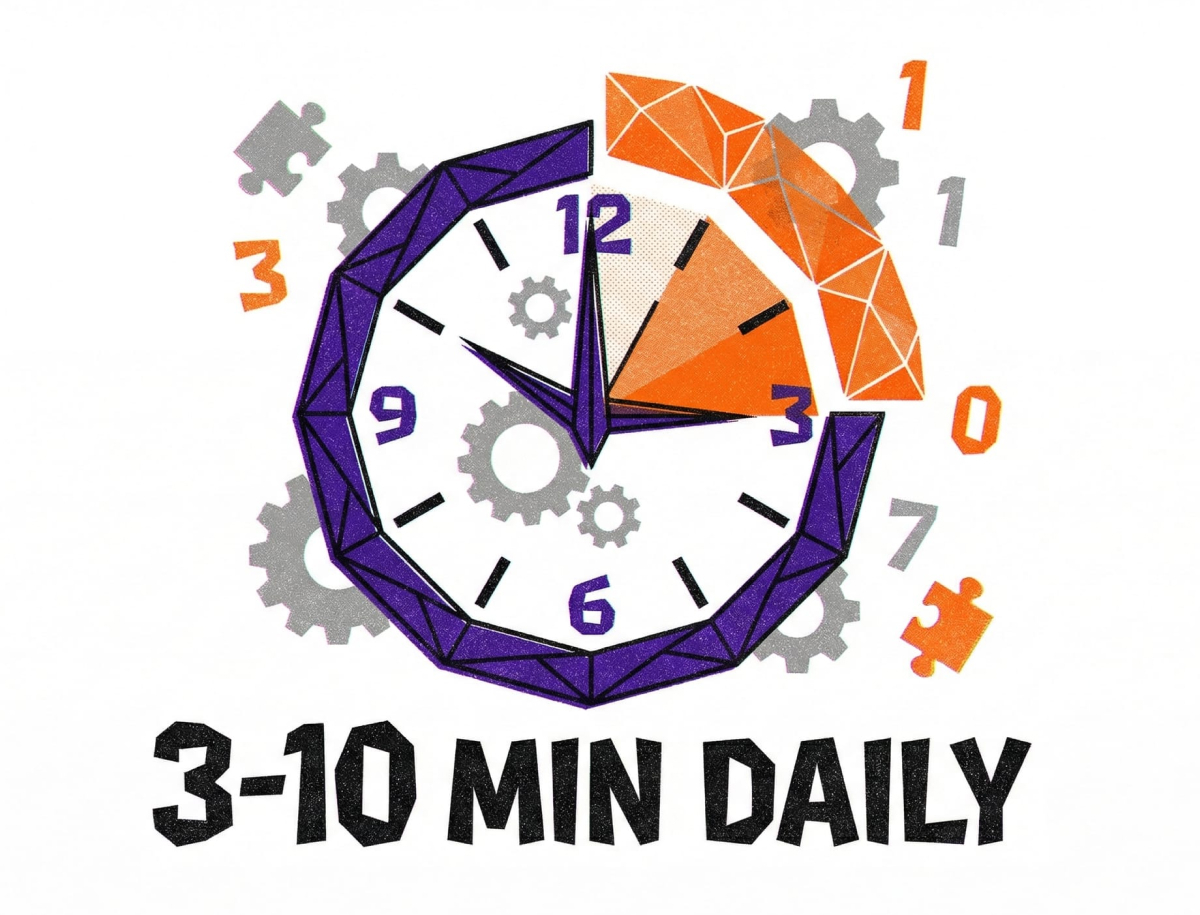 Daily 3-10 minute number puzzle routine visualization showing brief time commitment