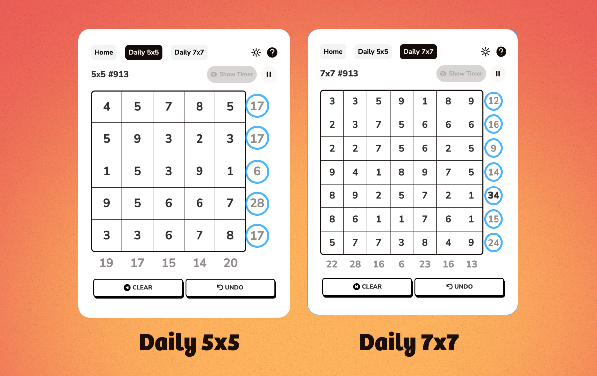 Sumplete Daily 5x5 vs Daily 7x7