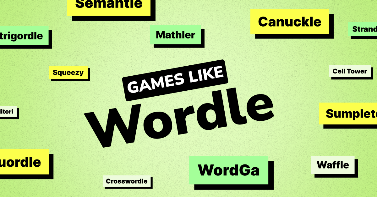 Graphic listing games like Wordle, featuring Wordle in the center and other puzzle game names such as Mathler, Sumplete, WordGa, Waffle, and Crosswordle around it.