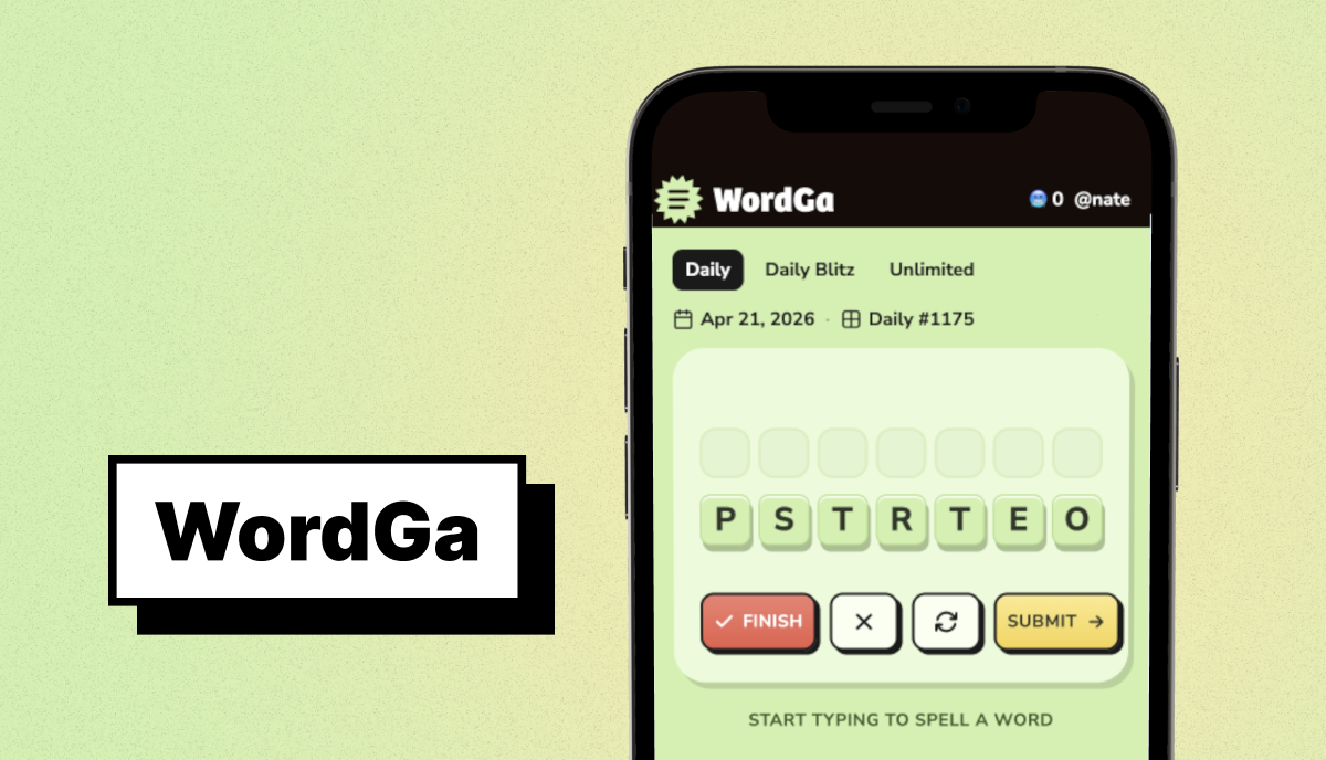 WordGa mobile game screen showing daily, blitz, and unlimited modes with seven letters available to build words.
